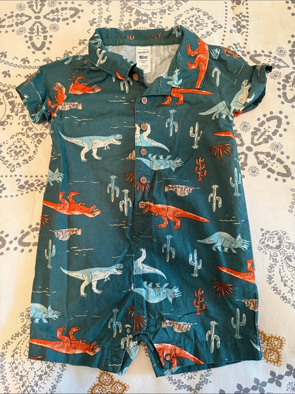 Carter's Denim Print Romper & Teal Dino-Print Short Romper